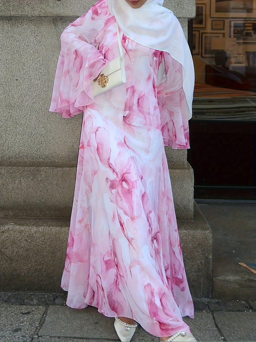 Autumn'S New French Elegant Round-Neck Long Dress, Elegant And Romantic Pink Floral Printed Flared Sleeve Long Dress/Elegant Street Style/Eye-Catching Long-Sleeved Floor-Length Dress for Dates - Pale Pinkish Gray