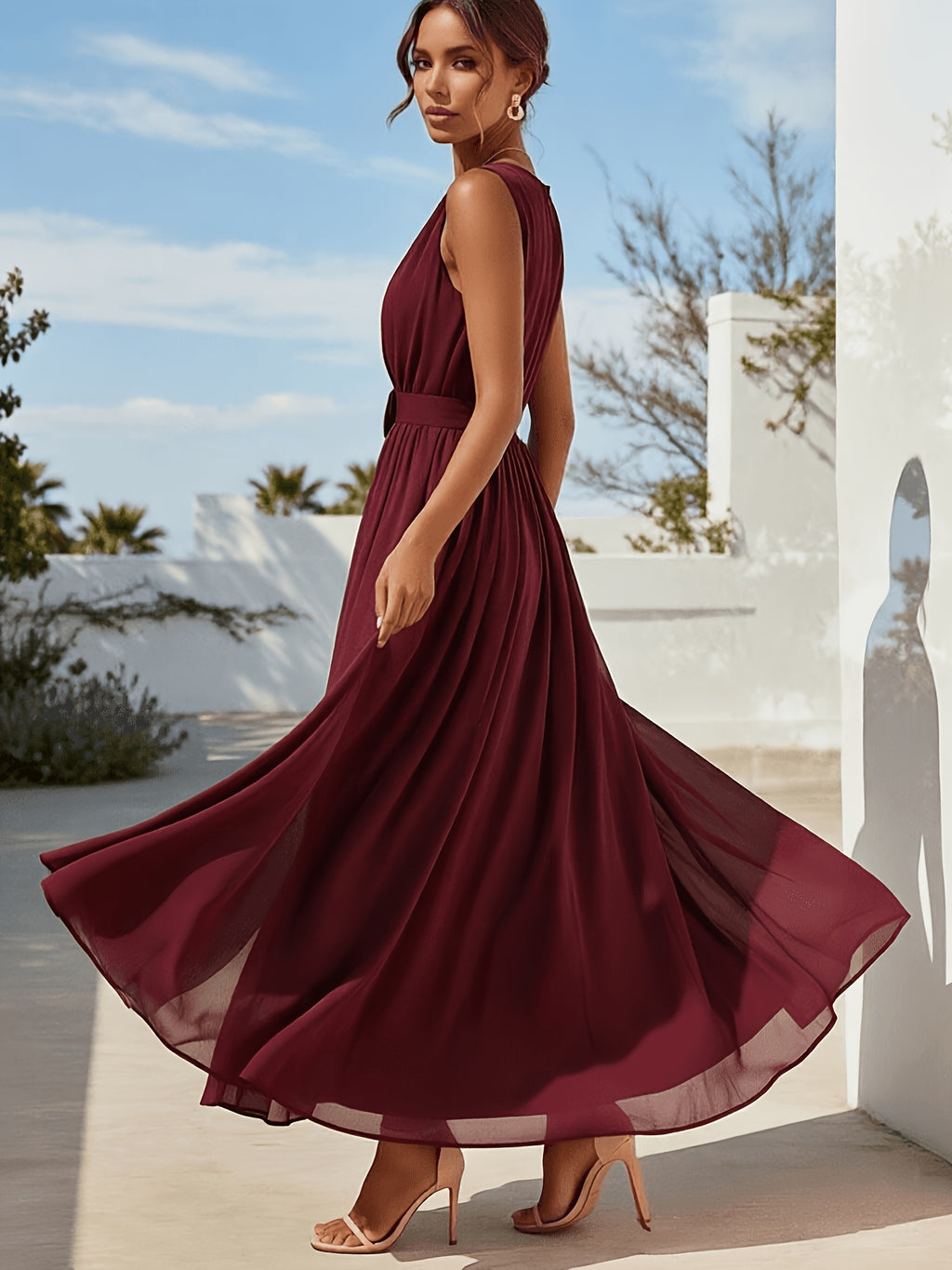 2026 Summer 3D Floral Pleated Waist Ruffled Gauze V-Neck Sleeveless A-Line Flowing Long Dress Suitable for Wedding Evening Gown Banquet Prom Daily Wear Fashionable Premium Connected Mid-Length Bridesmaid Dress [ZLLZ] - Burgundy