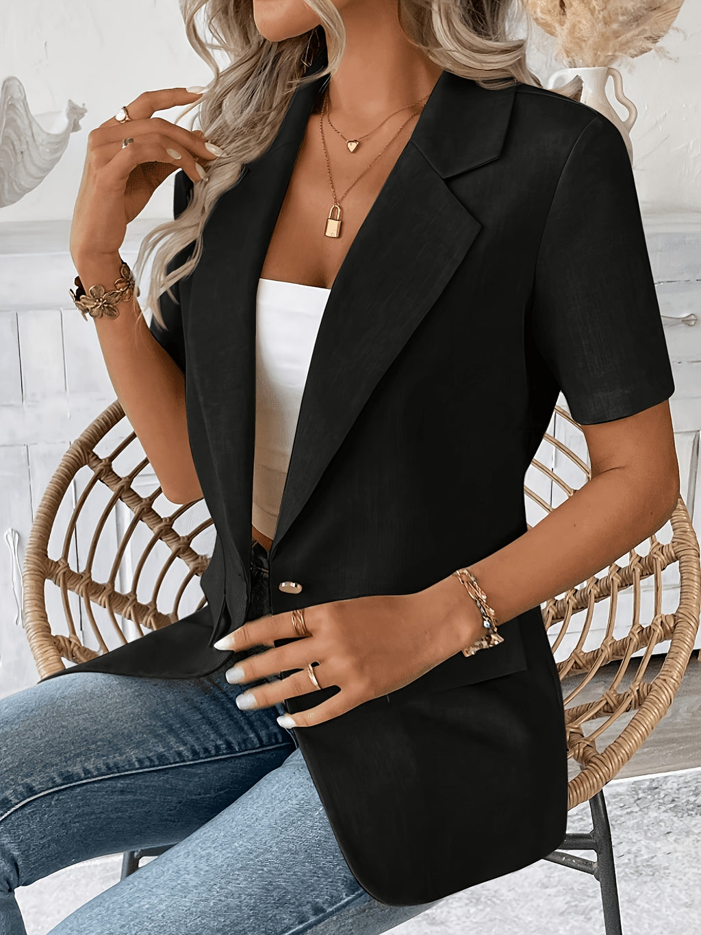 Spring and Summer Fashion Commute Solid Color Short Sleeve Blazer Women's Top for a Sharp and Professional Look - Black