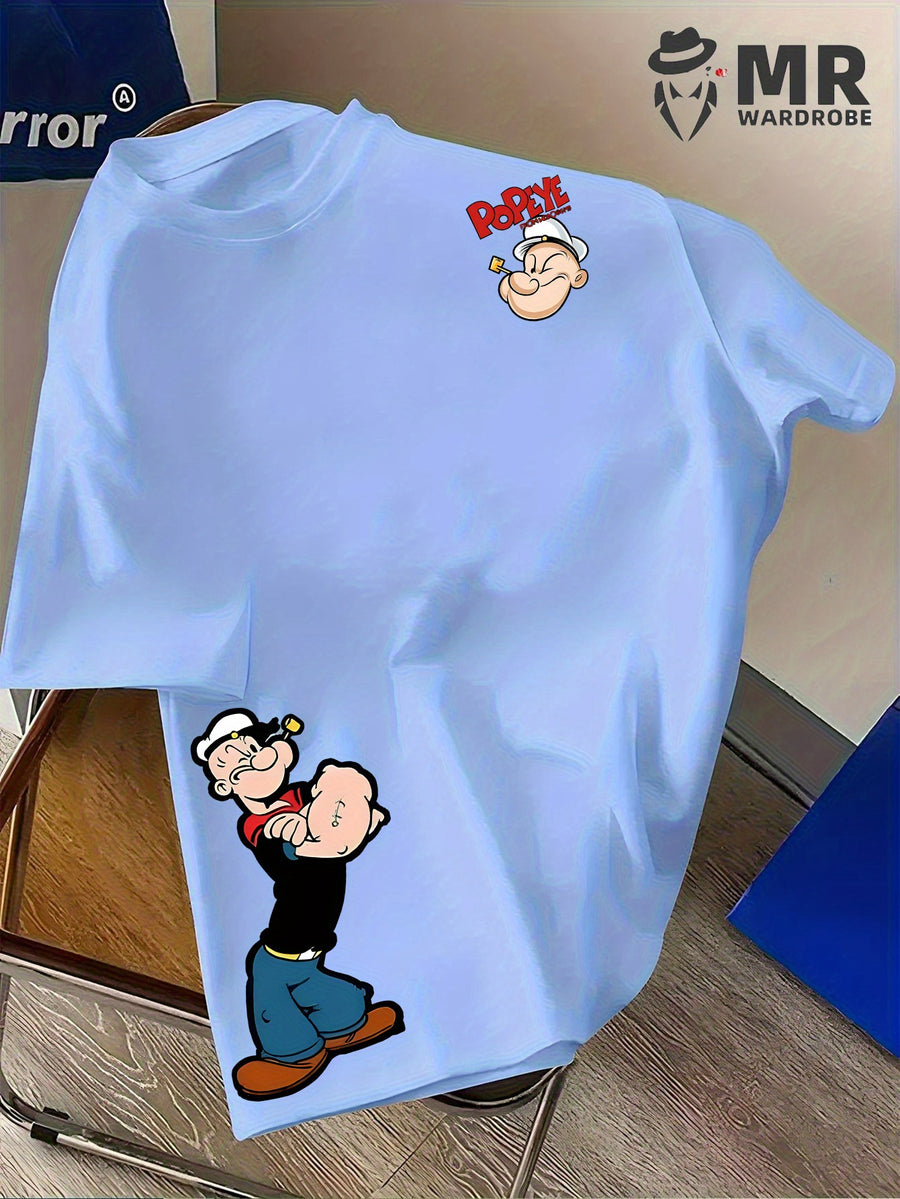 Men's Popeye the Sailorman Retro Graphic Short Sleeve T-Shirt - Vintage Cartoon Print, Breathable Knit Fabric, Regular Fit Round Neck Casual Summer Tee for Casual Attire, Machine Washable Top, Soft Texture Shirt - Sky Blue