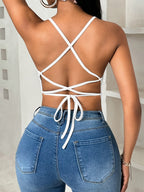 Lady's New Solid-color V-neck Loose-sleeved Backless Vest with Cross-buckle Back Straps and Back Straps for the Top Garment - White