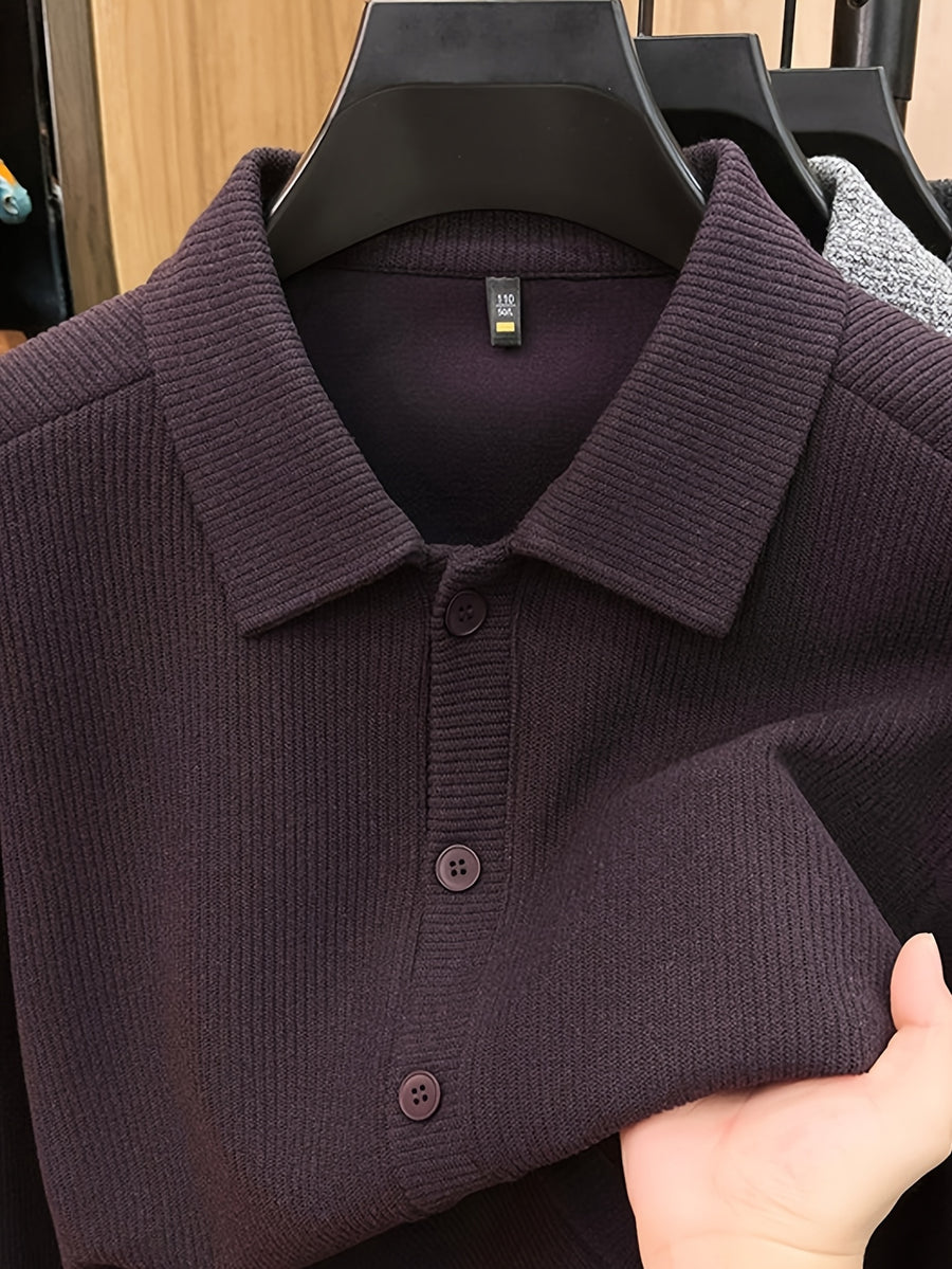 Men'S Lapel Knit Cardigan Jacket, Shirt-Style Knit Outerwear, Relaxed Fit, Business Casual. - SINBOS - Burgundy