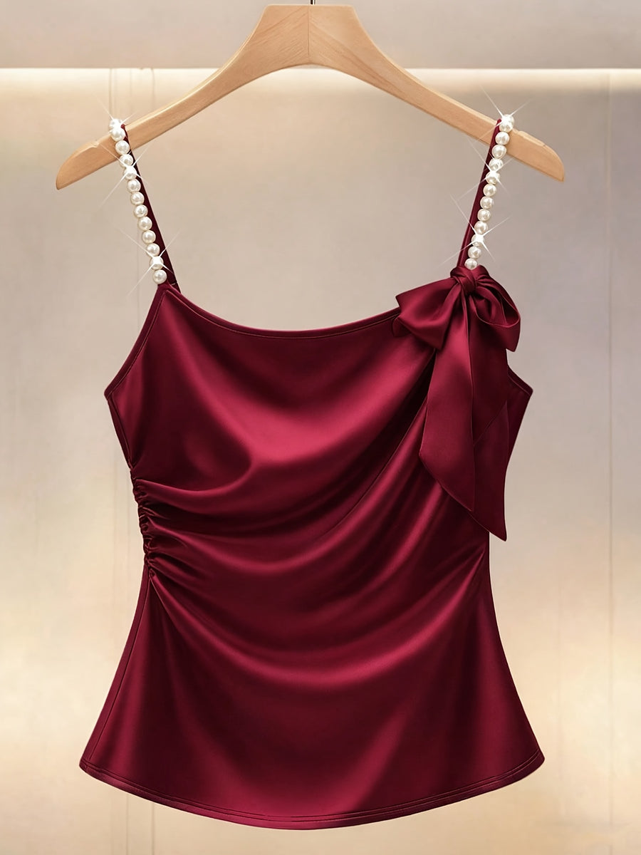 ASD1 Spring/Summer Pearl Bow Satin Waist Camisole Elegant/Mature Women Cowl Neck Sleeveless Vest Drape Satin Beaded Shoulder Strap Craft Banquet/Date/Semi-Formal Occasion/Commute Wine Red Satin Pearl Bow Camisole SF2608 - Burgundy