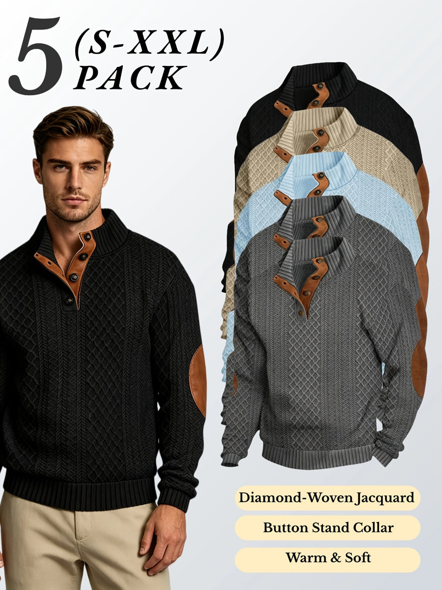 5pcs Set Men's Textured Jacquard Knit Vintage Casual Button-Up Stand Collar Long Sleeve Top, Versatile Basic Solid Color for Autumn/Winter Outings and Home Wear - Dark Gray 2 + Black + Khaki + Sky Blue