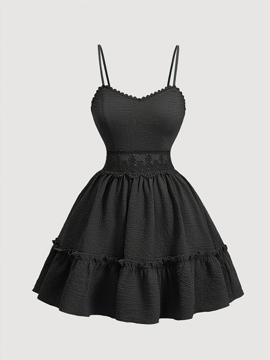 Elegant V-neck Lace-Trimmed Strap Dress | Solid Color, Contrast Lace Details, Suitable for Spring/Summer/Fall, for Adults - Black