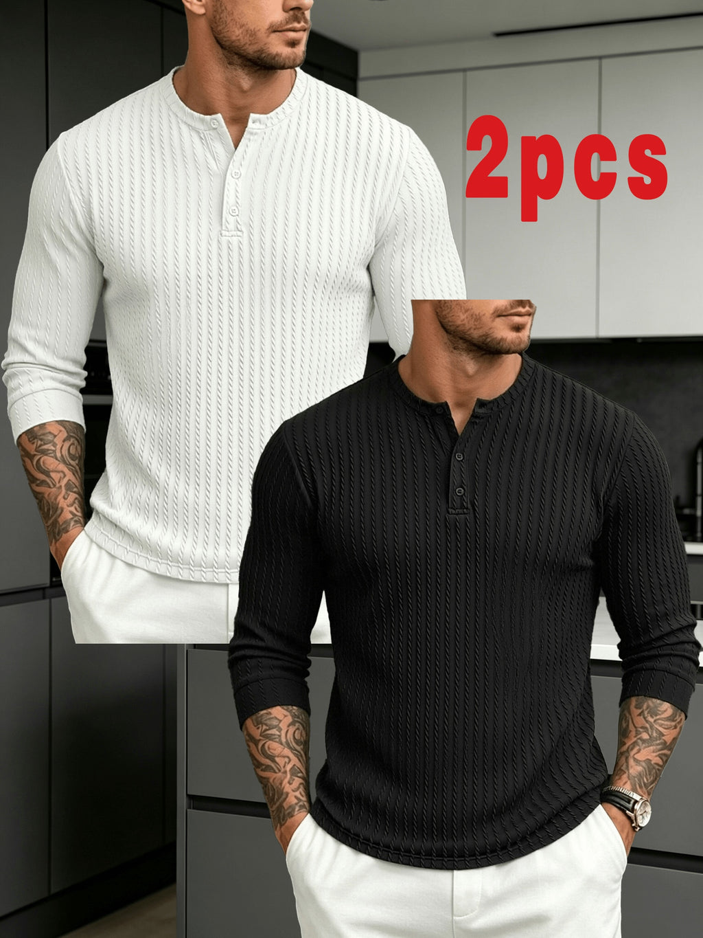 Halloween Thanksgiving Black Friday Cyber Monday Christmas Ultra V 2pcs Men'S Vertical Texture Henley Long Sleeve T-Shirts, High-Elastic Jacquard Fabric Slimming And Slimming, Semi-Open Button Collar Easy And Atmospheric - Black And White