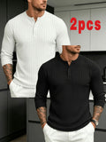 Halloween Thanksgiving Black Friday Cyber Monday Christmas Ultra V 2pcs Men'S Vertical Texture Henley Long Sleeve T-Shirts, High-Elastic Jacquard Fabric Slimming And Slimming, Semi-Open Button Collar Easy And Atmospheric - Black And White