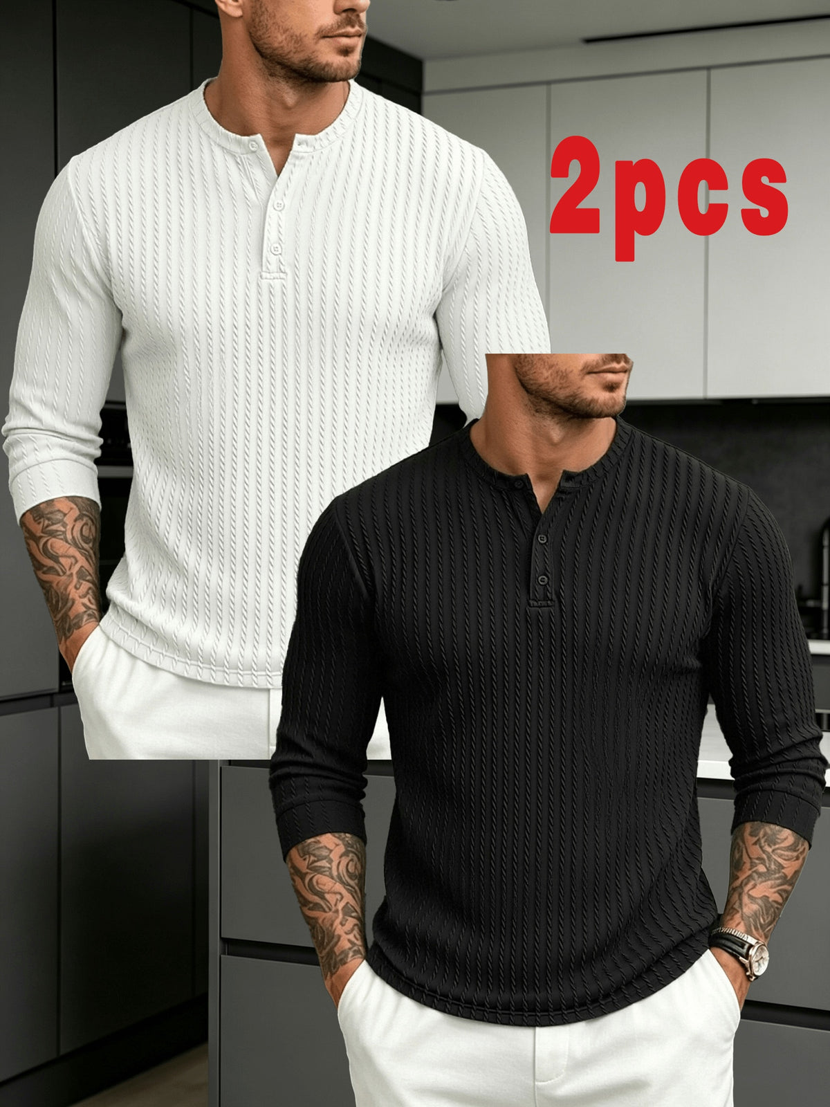 Halloween Thanksgiving Black Friday Cyber Monday Christmas Ultra V 2pcs Men'S Vertical Texture Henley Long Sleeve T-Shirts, High-Elastic Jacquard Fabric Slimming And Slimming, Semi-Open Button Collar Easy And Atmospheric - Black And White
