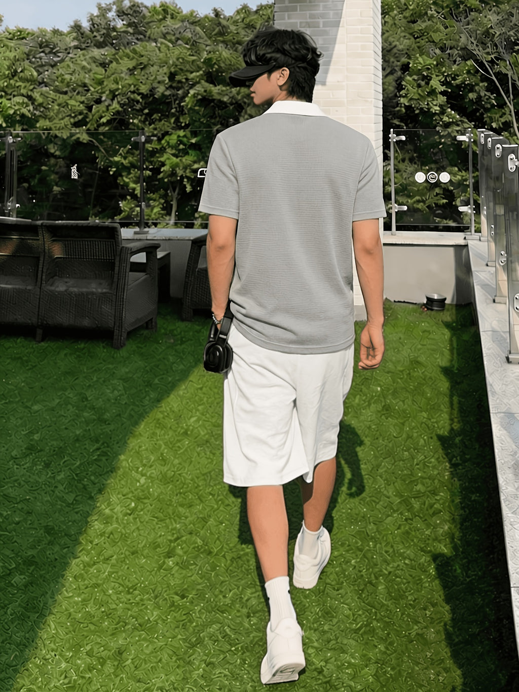 [Yulemi] Korean Casual Style Black And White Color Block Waffle Polo Shirt Men'S Design Sense Slanted Buckle Lapel Short Sleeve T-Shirt Loose Casual Top - Grey