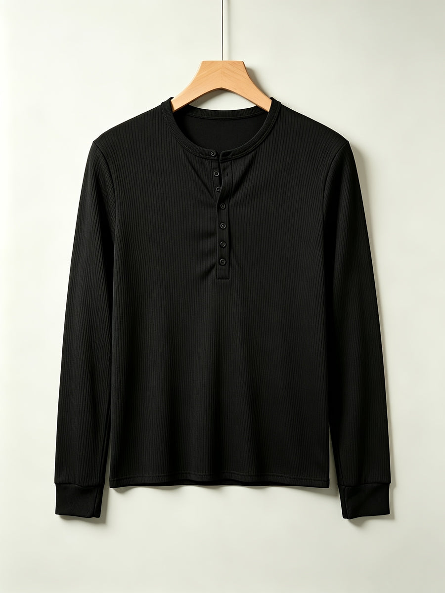 2pcs Men's Long Sleeve Vertical Rib Knit Henley Shirt, Slim Fit with Waist Taper to Highlight a Masculine Silhouette, Breathable and Skin-Friendly, Not Stuffy, High-Stretch Vertical Ribbed 7-Button Placket Versatile Top, Suitable for Daily Casual - black + army green