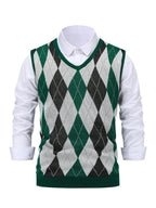Men'S Spring Autumn 2pcs Set Casual Diamond Pattern Sweater Vest V-Neck Sleeveless Pullover Knit Vest - Burgundy+Dark Green