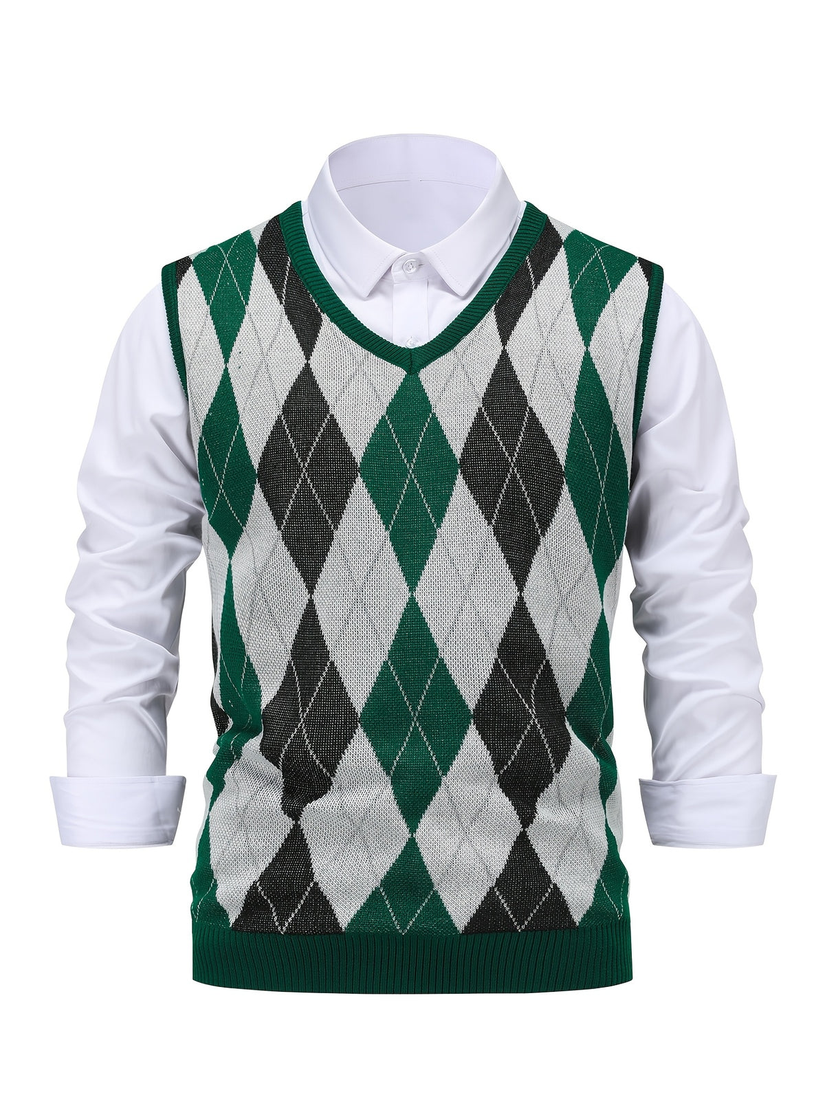 Men'S Spring Autumn 2pcs Set Casual Diamond Pattern Sweater Vest V-Neck Sleeveless Pullover Knit Vest - Burgundy+Dark Green