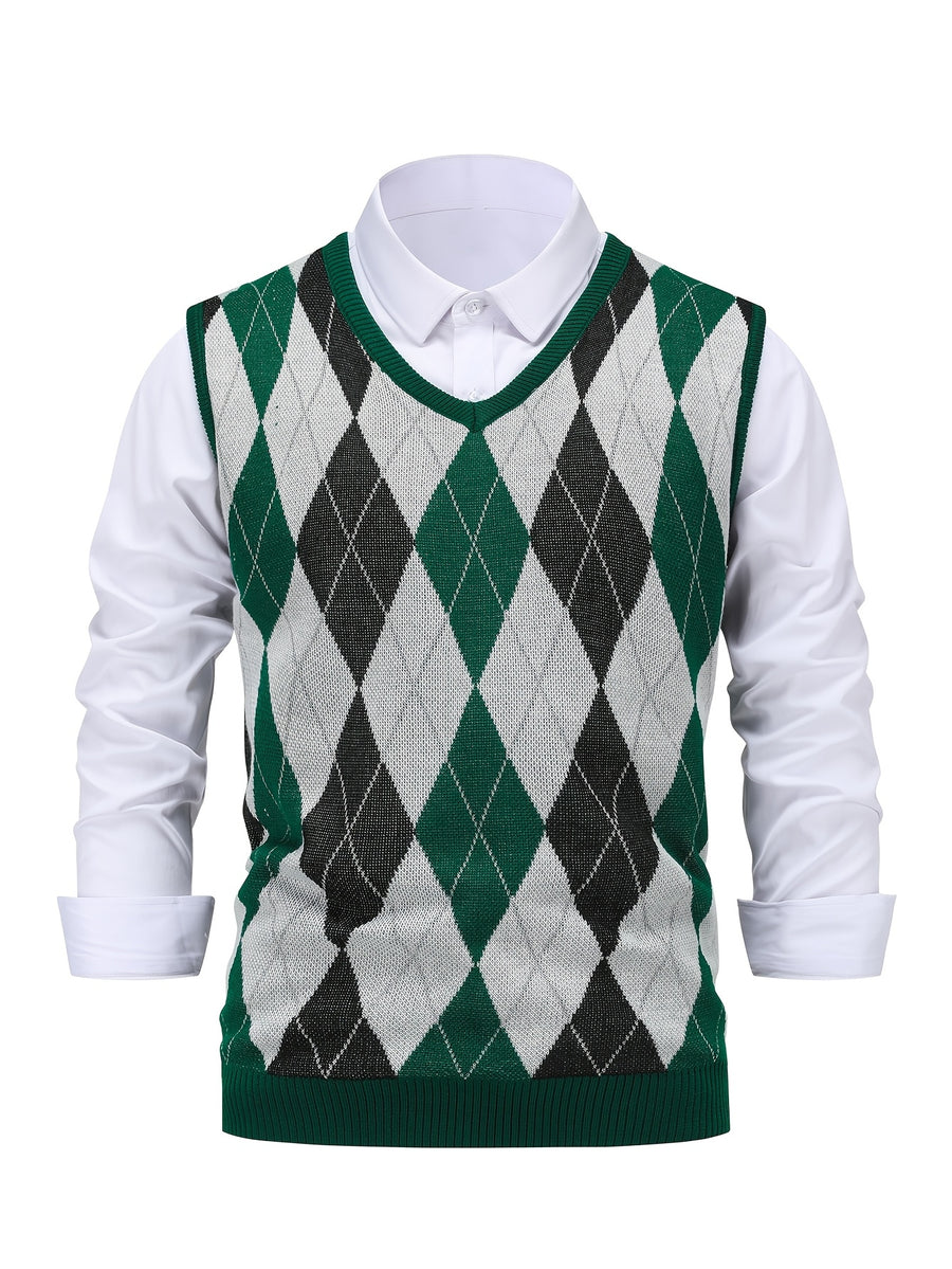 Men'S Spring Autumn 2pcs Set Casual Diamond Pattern Sweater Vest V-Neck Sleeveless Pullover Knit Vest - Burgundy+Dark Green