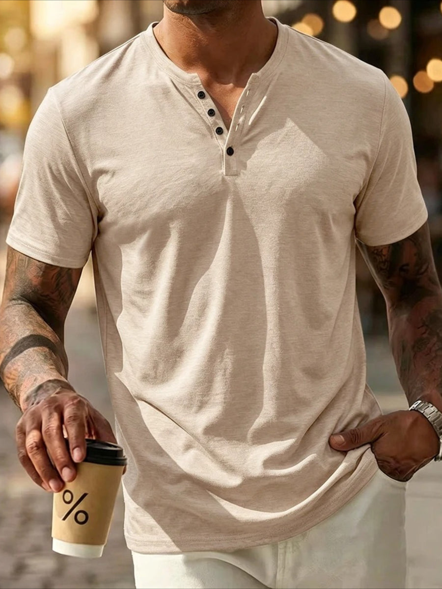 Men'S Summer Fashion T-Shirt Solid Casual Men'S Beach Vacation T-Shirt - Khaki