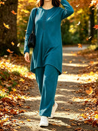 Ramadan Elegant Ladies Set Abaya Dress And Pants Solid Color Round Neck Embroidered Chest And Sleeve Applique Top Elastic Waist Long Pants Commute Casual Two-Piece Set - Dark Cyan
