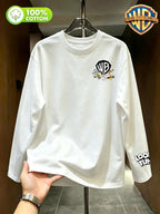 By Warner Bros., Printed 100% Pure Cotton T-shirt, Men's Comfortable and Versatile Loose Summer | Autumn | Winter Long Sleeved T-shirt, Suitable for Outdoor Sports, Gym and Multi-functional Sports Casual Loose Wear - White