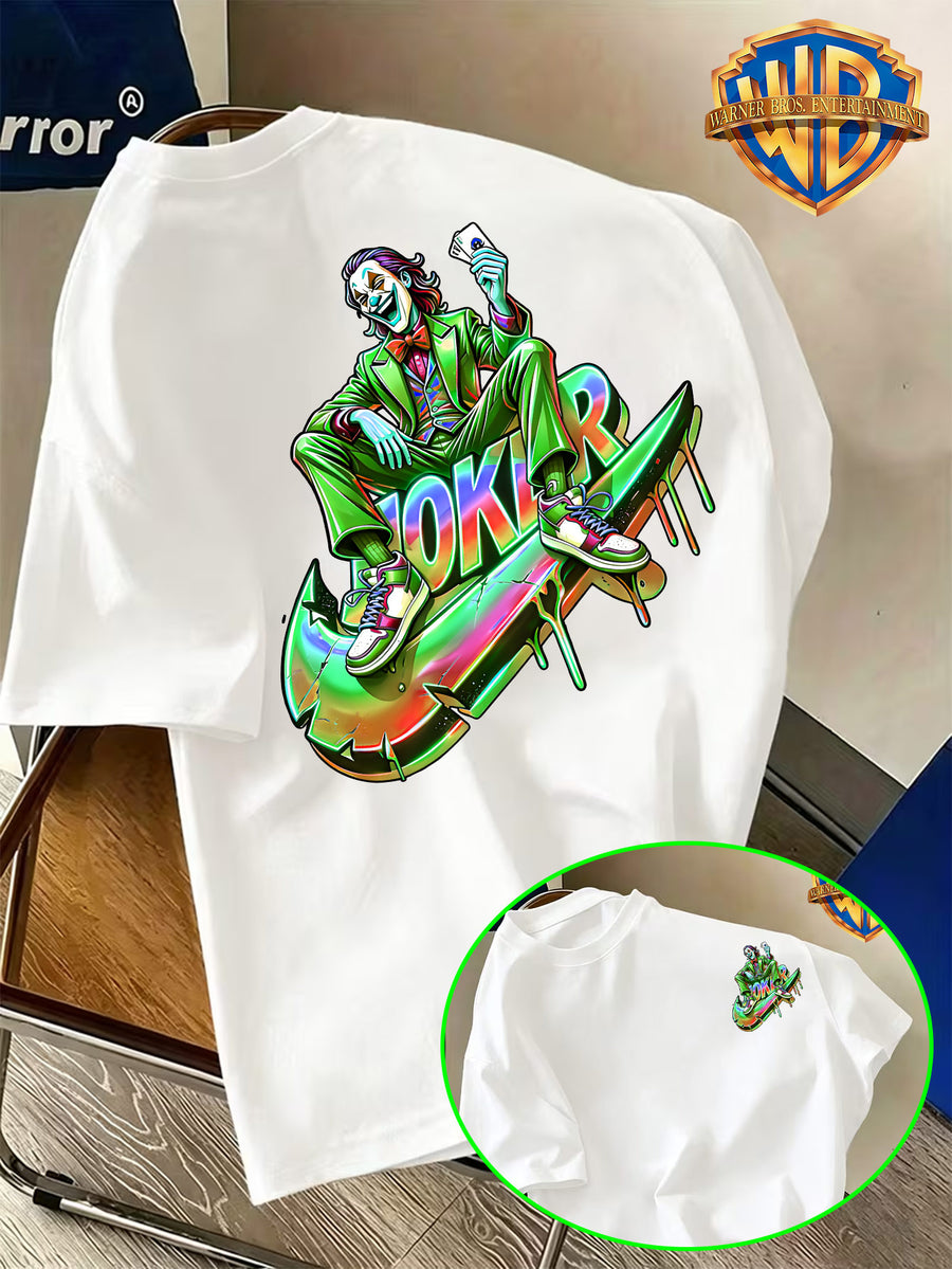 Warner Bros. Official American-Style Green Suit Cool Joker Seated Logo Print T-Shirt, a Hilarious! American Vintage Casual Short Sleeve, Men's Casual Comfortable Multi-Functional Loose Summer Short Sleeve T-Shirt, Suitable for Outdoor Wear - White