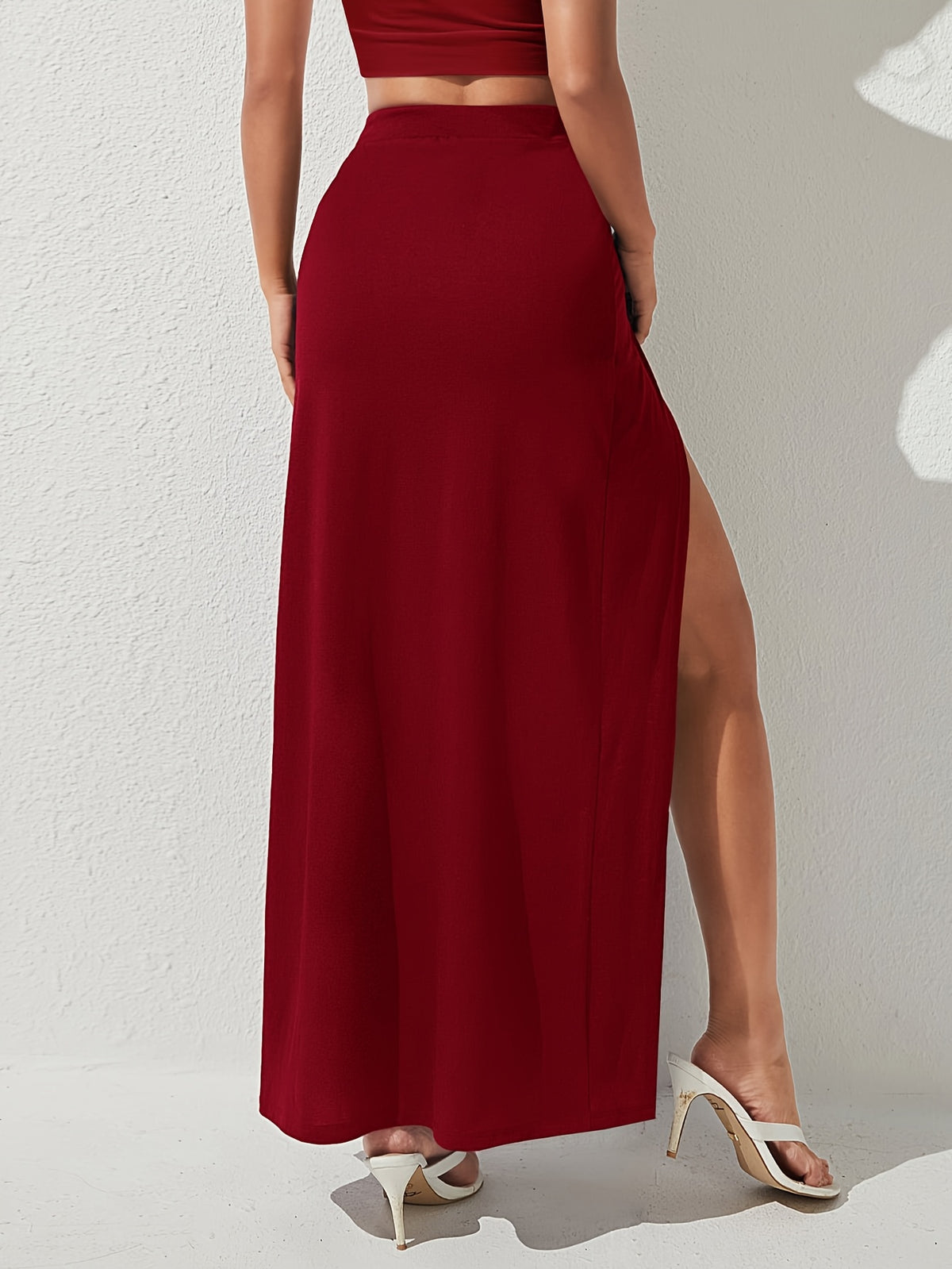 Women's High-Waist Skirt with Dual Slit Draped Design - Solid Color Stretchable Midi Skirt Suitable for Daily Commute, Dates, Parties, Machine Washable Spring Summer Fall Outfits, Non- Elastic Skirt for & Vacations - Red