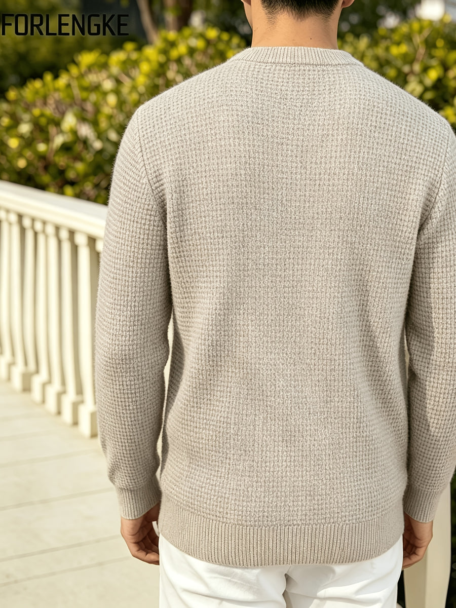FORLENGKE Men's Button-Front Henry Collar Sweater - Stretch Knit Button Placket Pullover, Cable & Waffle Texture Long Sleeve Round Neck Sweater Suitable for Layering, Winter Warmth, Casual Outfits, Dates, Parties (Solid Color) - Beige Color