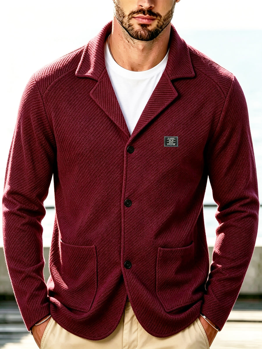 Men's New Spring, Autumn, and Winter Collection: Twill Textured Fabric Single-Breasted Notched Lapel Cardigan with Double Pockets, a Versatile Long-Sleeve Business Casual Outerwear. Soft, Comfortable, and Stylish Knitted Solid-Color Jacket - Burgundy