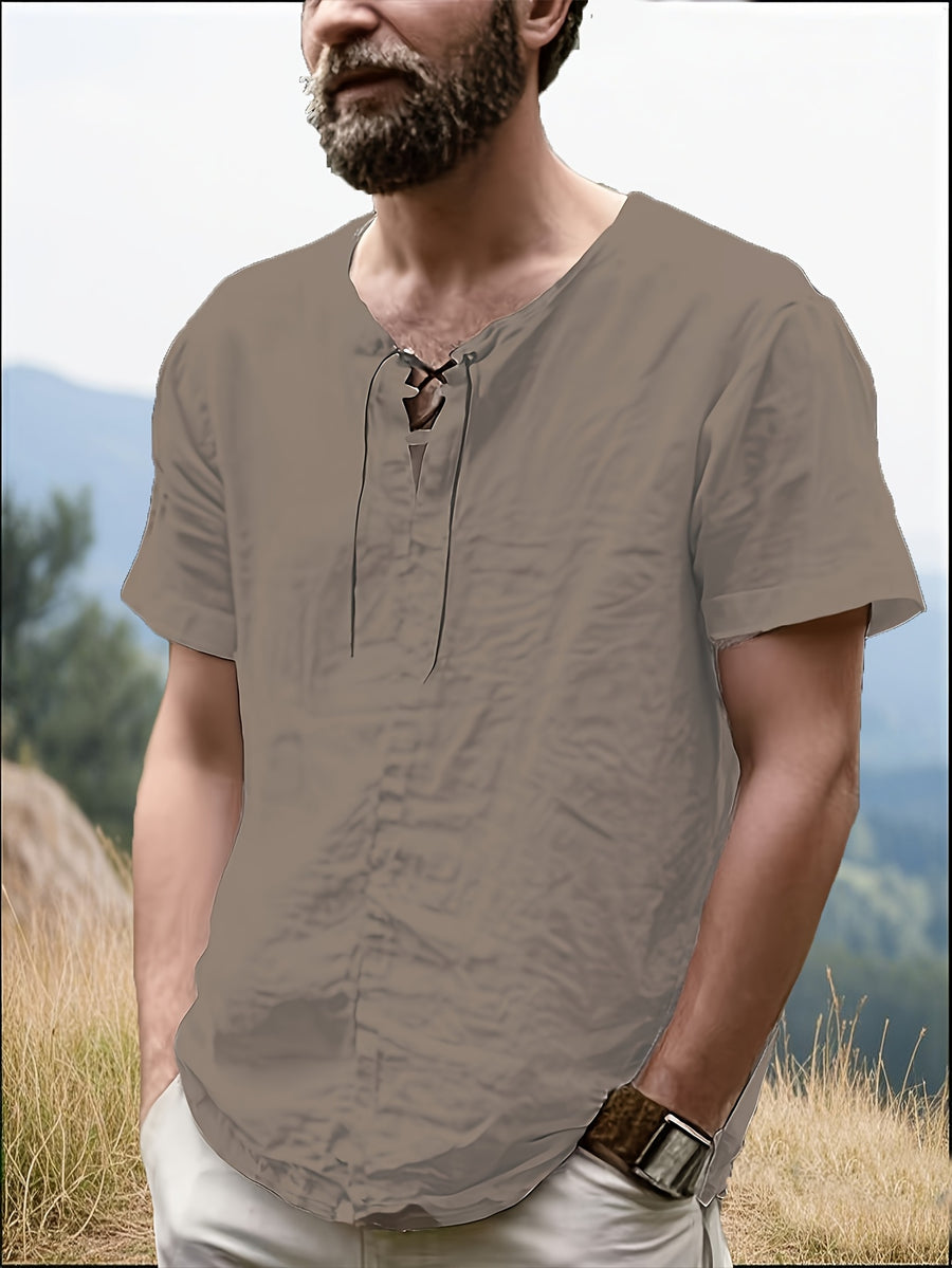 Men's Casual T-Shirt, Versatile Summer Short-Sleeve Top, Fashionable Solid Color Sweatshirt, Crew Neck with Drawstring Design - Lightweight and Breathable, Machine Washable, Suitable for Daily Wear and Outdoor Leisure - Light Brown-1