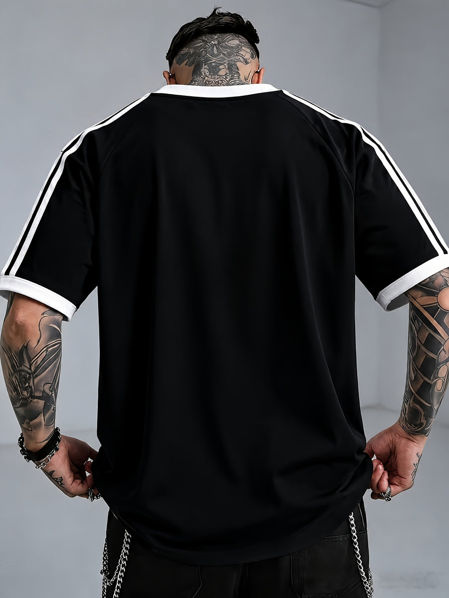Color-Block Ribbed Striped T-Shirt, Solid White with Double Stripes Basic Style Men'S 100% Versatile Sports Casual Summer Short Sleeve Top, Suitable for Outdoor Wear, Gym, Office, And Daily Fashion, Essential for Men'S Wardrobe - Unisex - Black