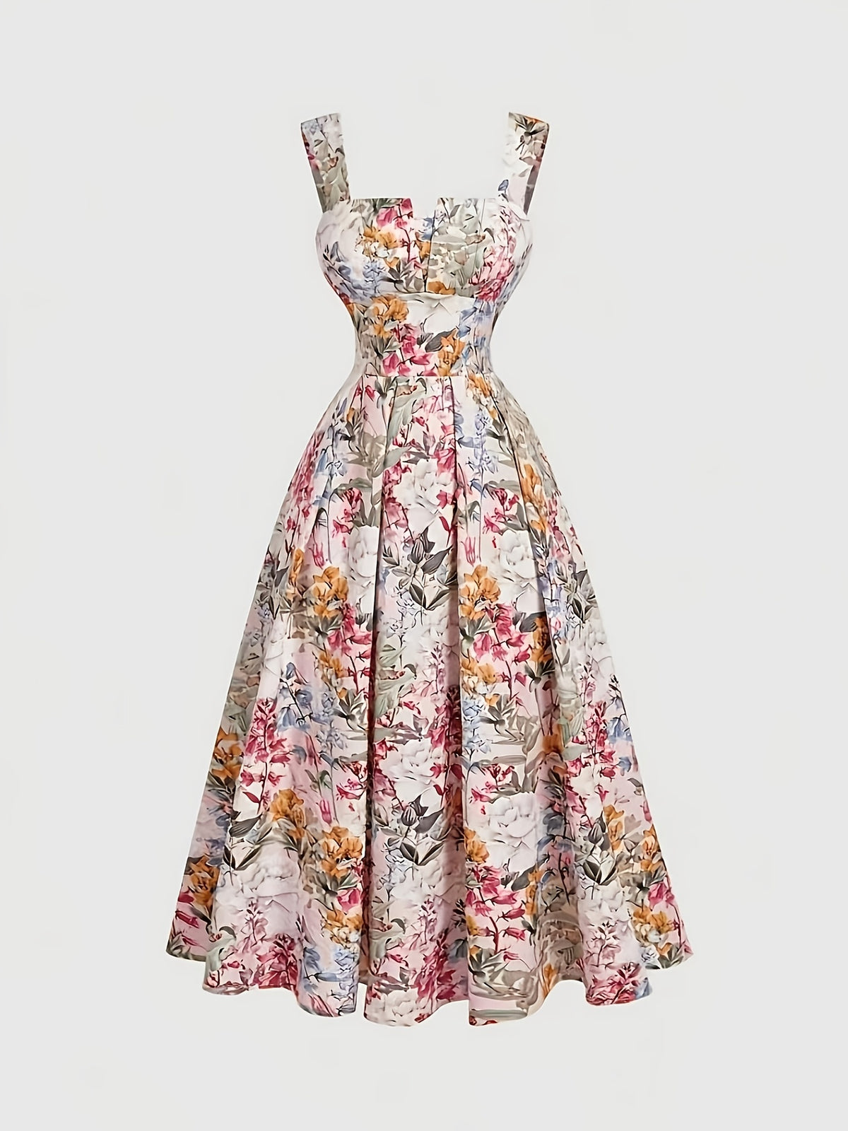 Vacation-style Oil Painting-inspired Floral Square Neck Spaghetti Strap Cinched Waist Maxi Dress with Full Skirt - Mixed colors