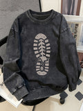 Drawing Printed Casual Retro Men's Washed Round Neck Sweatshirt for Autumn and Winter - Deep Grey