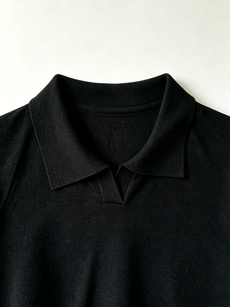 Men's Summer Lightweight Knit Short-Sleeve Polo Shirt, Half-Button Open Front, Outdoor Breathable Casual Knit Top - Black