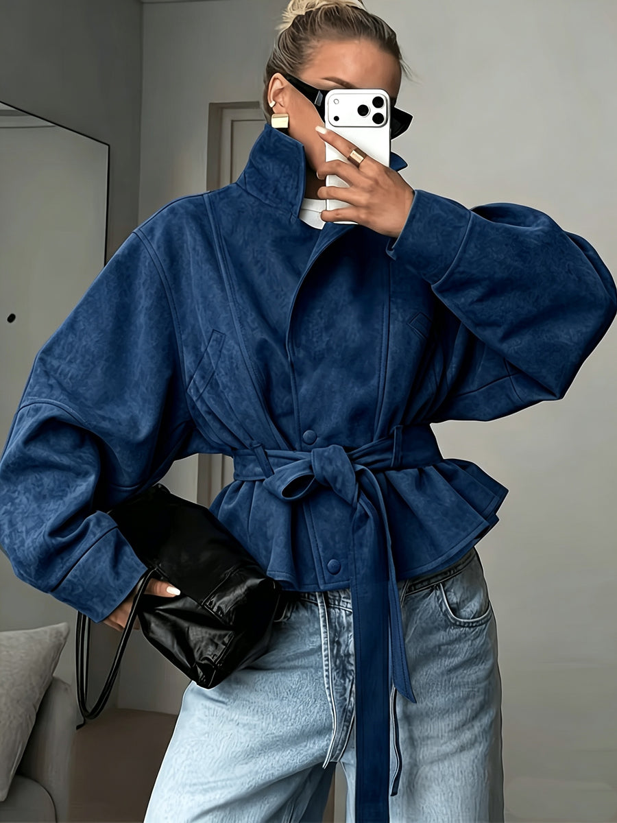 New Cross-Border Women'S Fashionable Elegant Women'S Early Autumn Tie-Up Solid Color Long Sleeve Coat - Navy blue color