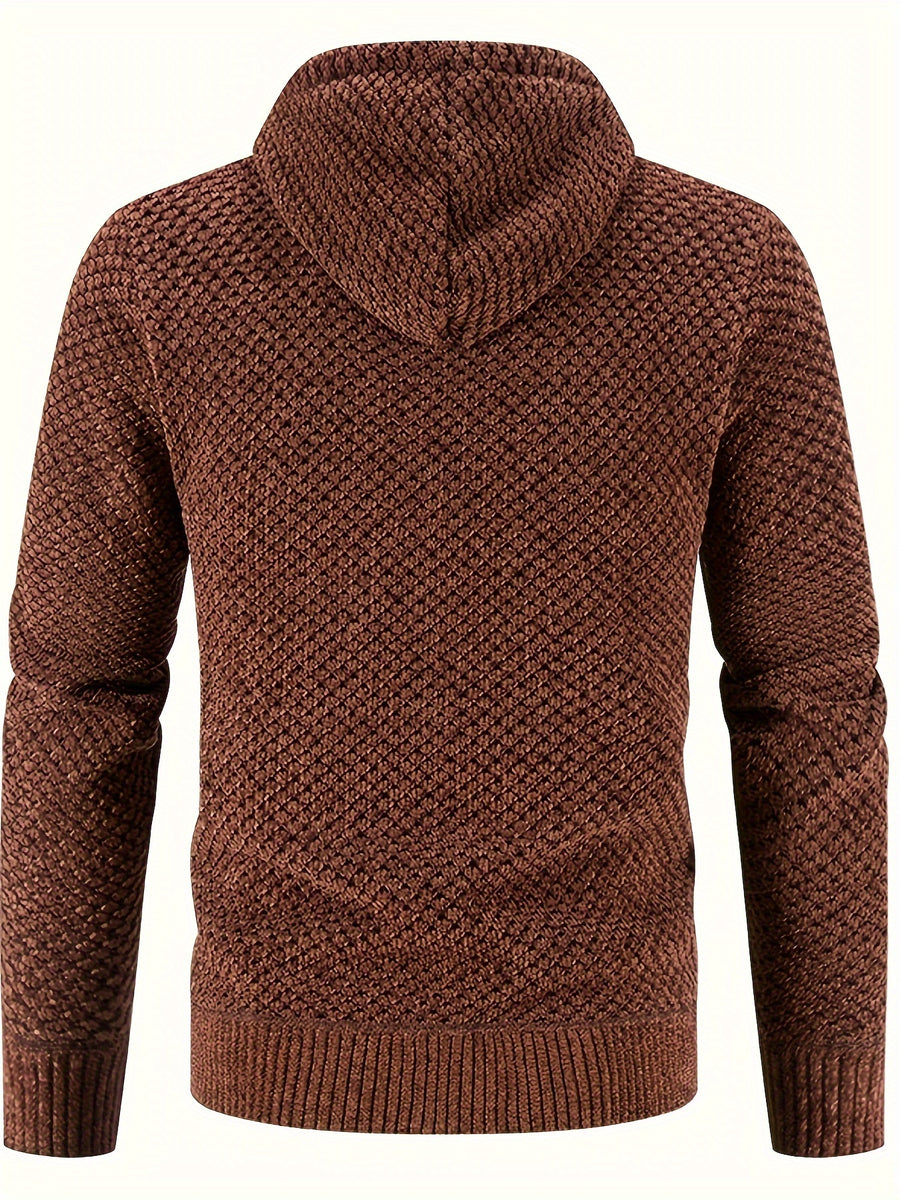 Men'S Premium Knit Cardigan Sweater, Chenille Fabric High Quality Hooded Thick Warm Sweater - Coffee Color