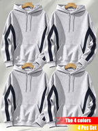 4pcs Set: Autumn/Winter Men's Street Style Pullover Hooded Sweatshirt with Diagonal Contrast Color Stripe Cutting on Sleeves, Long Sleeve Top, Adjustable Drawstring, Large Capacity Kangaroo Pocket for Storing Phone and Small Items, Skin-Friendly - Gray+grey+grey+grey