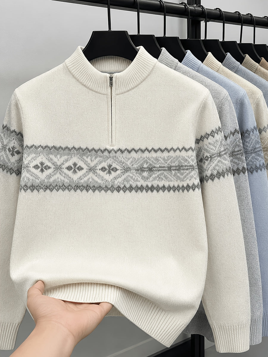 Du Jing Lan OBM Spring/Autumn New Arrival Men's Knitted Pullover, Old Money Style Contrast Color Stand-Up Collar Half-Open Placket Long Sleeve Knitted Pullover, Men's Business Casual Fashion Ribbed Sweater with Stand-Up Collar and Half-Open Placket - White