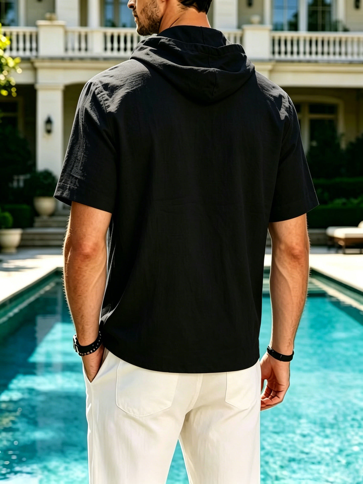 Summer Solid Color Hooded Short Sleeve T-Shirt, Men'S Loose All-Match Athletic Top - Black