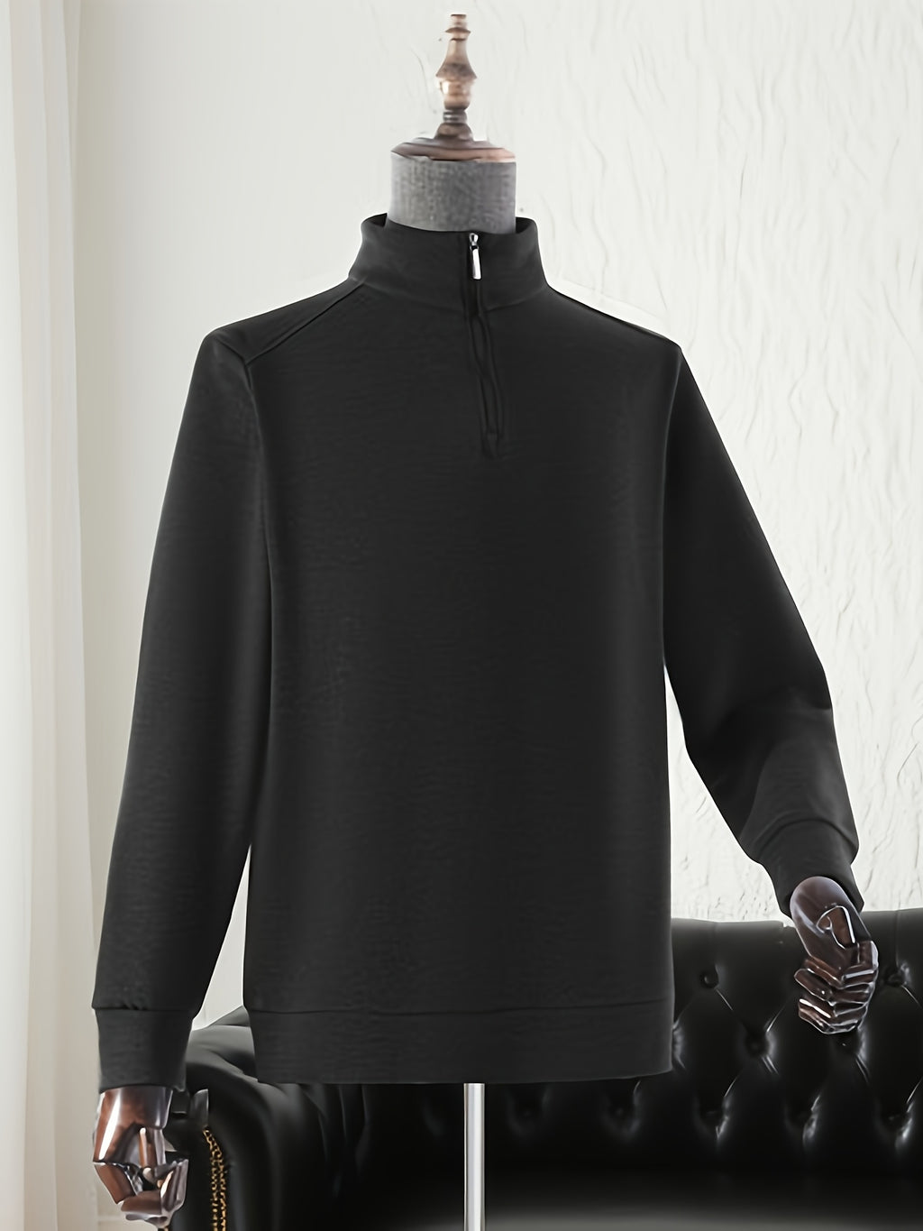 Men'S Half-Zip Stand Collar Knit Sweater, Semi-Open Zipper Placket Ribbed Hem, Business Casual Spring Autumn Regular Fit for Commute And Daily Wear - Black
