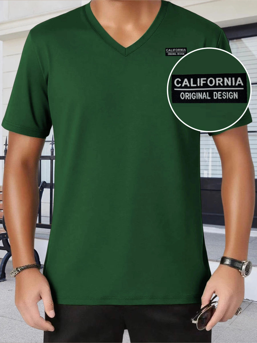 [180G 100C] Men'S V-Neck T-Shirt Solid Color Short Sleeve Top Casual Base Layer, "CALIFORNIA" Letter Print, Men'S All-Season Daily Wear, Father'S Day Gift, Back-To-School Season, Date Night, Designed Clothing - Green