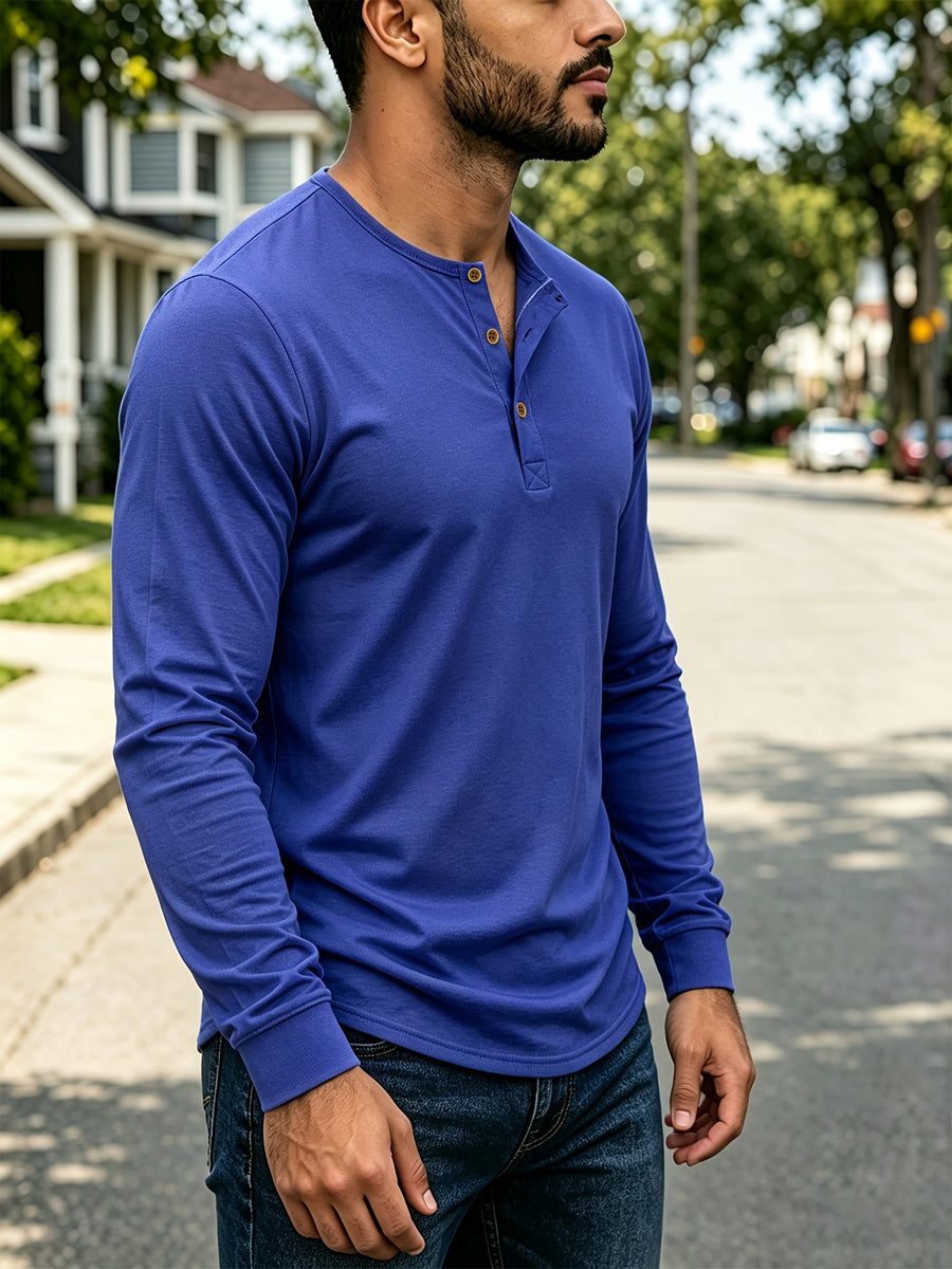 4pcs Set of Men's Spring, Autumn, and Winter Henley Neck Long-Sleeve T-Shirts, Breathable Vintage Casual Solid Color Half-Open Collar Tops, Comfortable and Versatile Base T-Shirts, Suitable for Daily Commuting, Light Business, Home, Sports - Khaki + Blue + Dark Gray + Green
