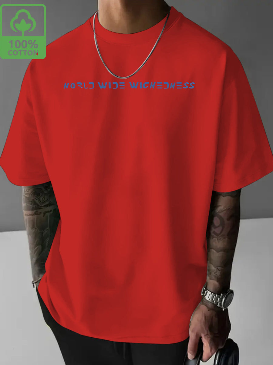 Dark Blue Washed Men'S Casual Short-Sleeved Easy Print Fashion Sports Trendy Versatile Half-Sleeve Breathable T-Shirt Comfortable Home Base Shirt - Red