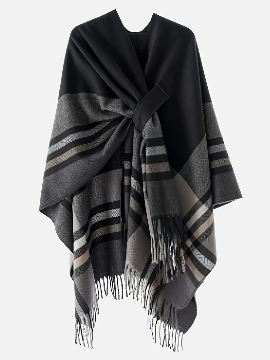 Women's Printed Front-Open Cardigan, Casual Shawl Cape Sweater, Wearable Blanket for Autumn, Winter, and Evening Wear - Deep Grey