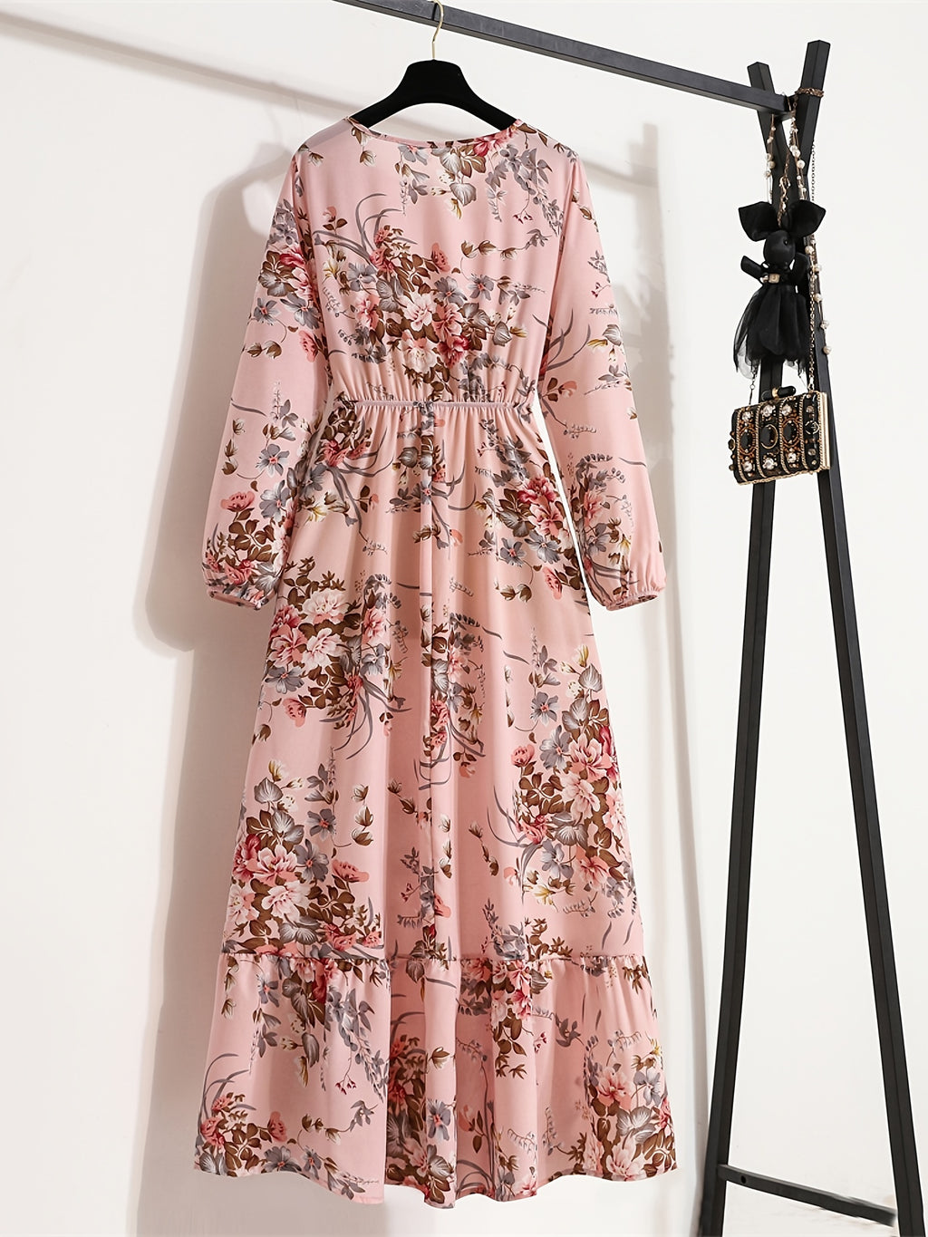 Bohemian Print Casual Party Long Dress with Ruffle Hem, Round Neck, Elastic Waist, and A-Line Silhouette - Peach