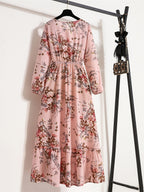 Bohemian Print Casual Party Long Dress with Ruffle Hem, Round Neck, Elastic Waist, and A-Line Silhouette - Peach