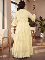 Plus Size, Chizhaoxue Targeted Plus Size Women's Clothing Boho Eyelet Maxi Dress, Elegant V-Neck Bell Sleeve Tiered Long Beach Sundress, Curvy Casual Vacation Cottagecore Dress - Yellow