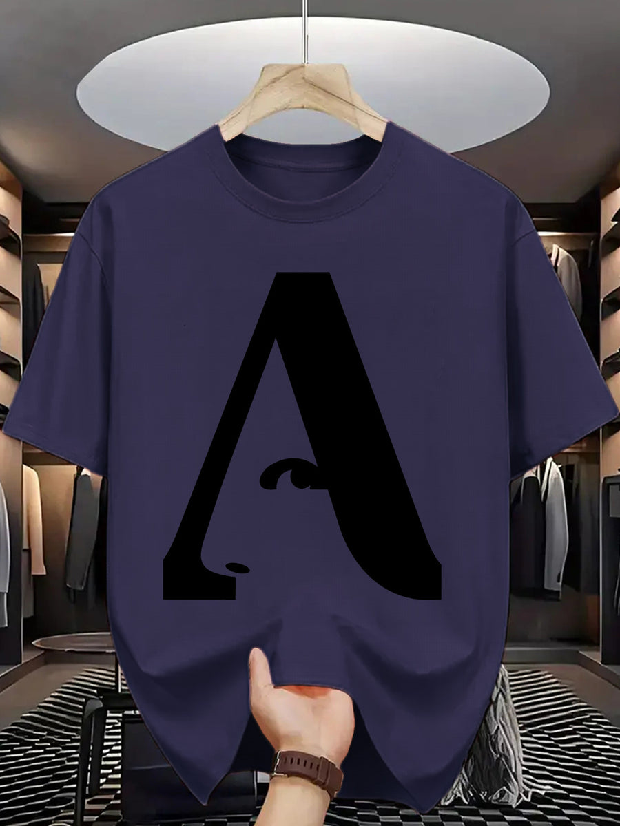 Men's T-Shirt with Letter A Print - Casual Wear - Navy Color