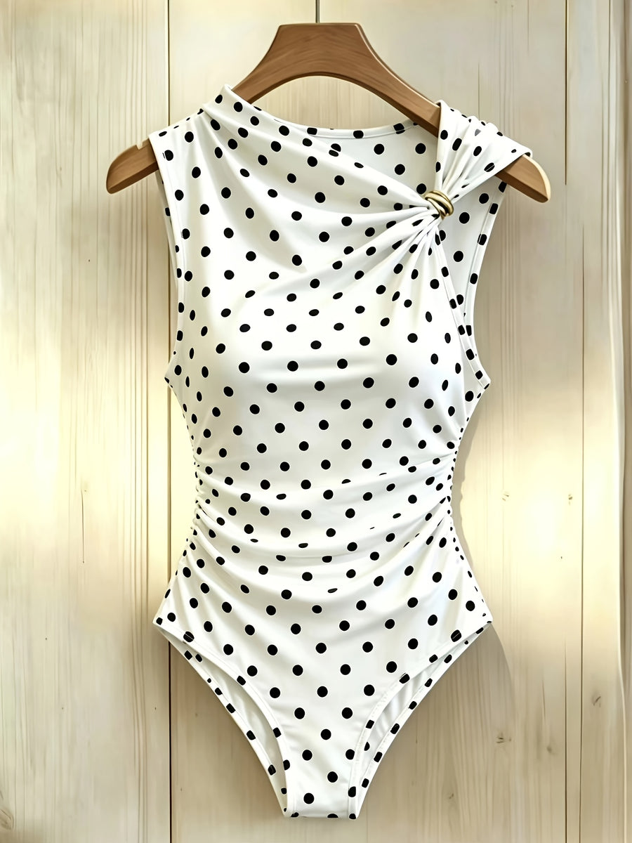 Simple and Casual Style Bodysuit: Classic Black and White Polka Dot Off-Shoulder Sleeveless Twist Detail Slim-Fit Bodysuit T-Shirt, Suitable for Spring and Summer Daily Layering and Commuting Outfits - Mixed colors