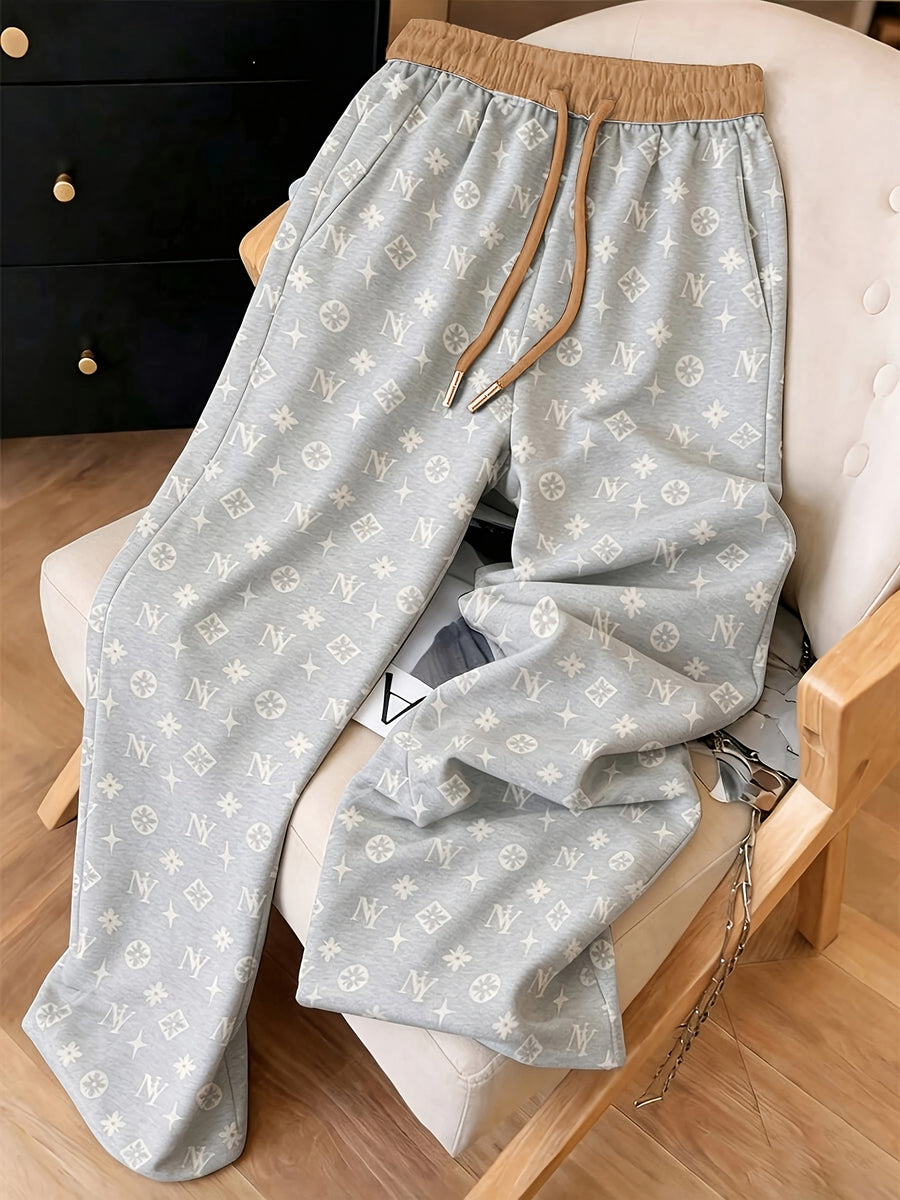 Women's Minimalist Printed Casual Pants, Drawstring Pocket Straight-Leg Trousers, Machine Washable and Hand Washable - Light Grey