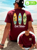 Men'S 100% T-Shirt, "Salt Water" Vintage Surfboard Front And Back Print Design, Casual Trendy Street Sport Short Sleeve T-Shirt Summer New Style, Round Neck Short Sleeve Summer Top, Casual Street Style, Suitable for Summer Daily Outdoor Wear - Burgundy