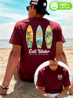 Men'S 100% T-Shirt, "Salt Water" Vintage Surfboard Front And Back Print Design, Casual Trendy Street Sport Short Sleeve T-Shirt Summer New Style, Round Neck Short Sleeve Summer Top, Casual Street Style, Suitable for Summer Daily Outdoor Wear - Burgundy