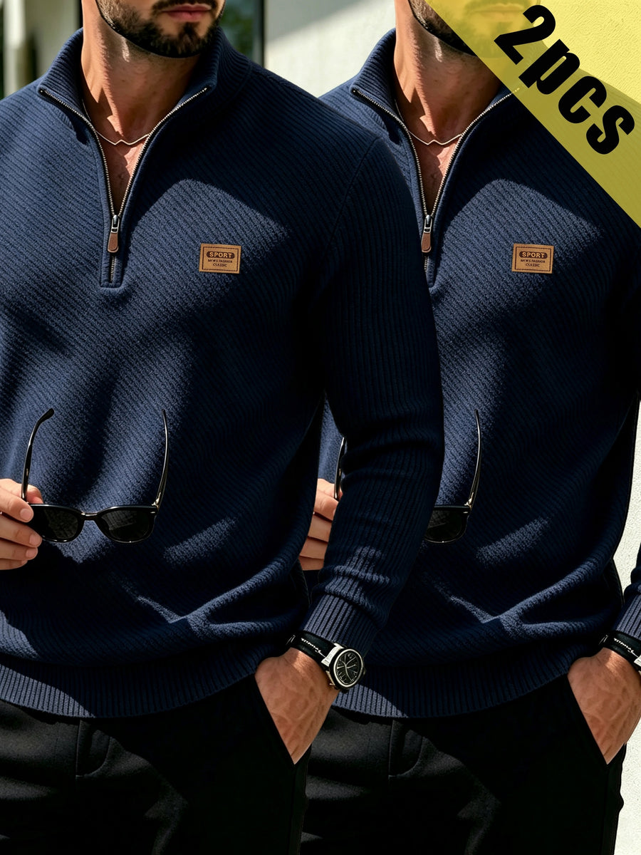 2pcs Men's Fashionable Versatile Top, Twill Texture Half-Zip Stand Collar Long-Sleeve Sweatshirt, Knitted Solid Color Long-Sleeve Casual Top for Daily Leisure, Sports & Fitness, Fashionable and Versatile. Soft, Comfortable, and Stylish Solid Color - Navy + Navy