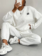 Drop-shoulder Round-neck Long-sleeve Sweatshirt with Patchwork, Y Long Pants Casual Set - White