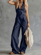New Spring Summer American Style Sleeveless Lapel Jumpsuit, Loose Wide-Leg Fit, Lazy Vacation Casual Set - Navy Color